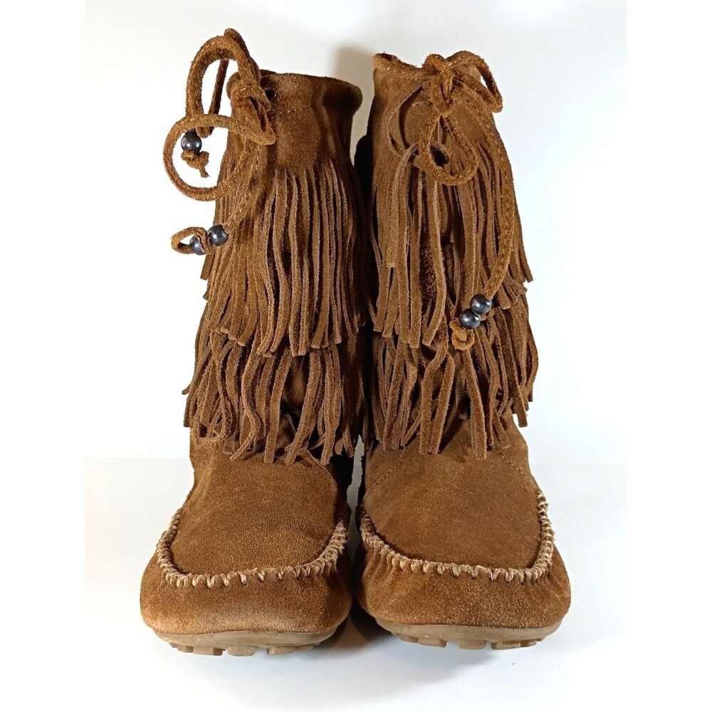 Minnetonka Double Fringe Suede Moccasin Boots Brown Women’s 8.5 NWOT